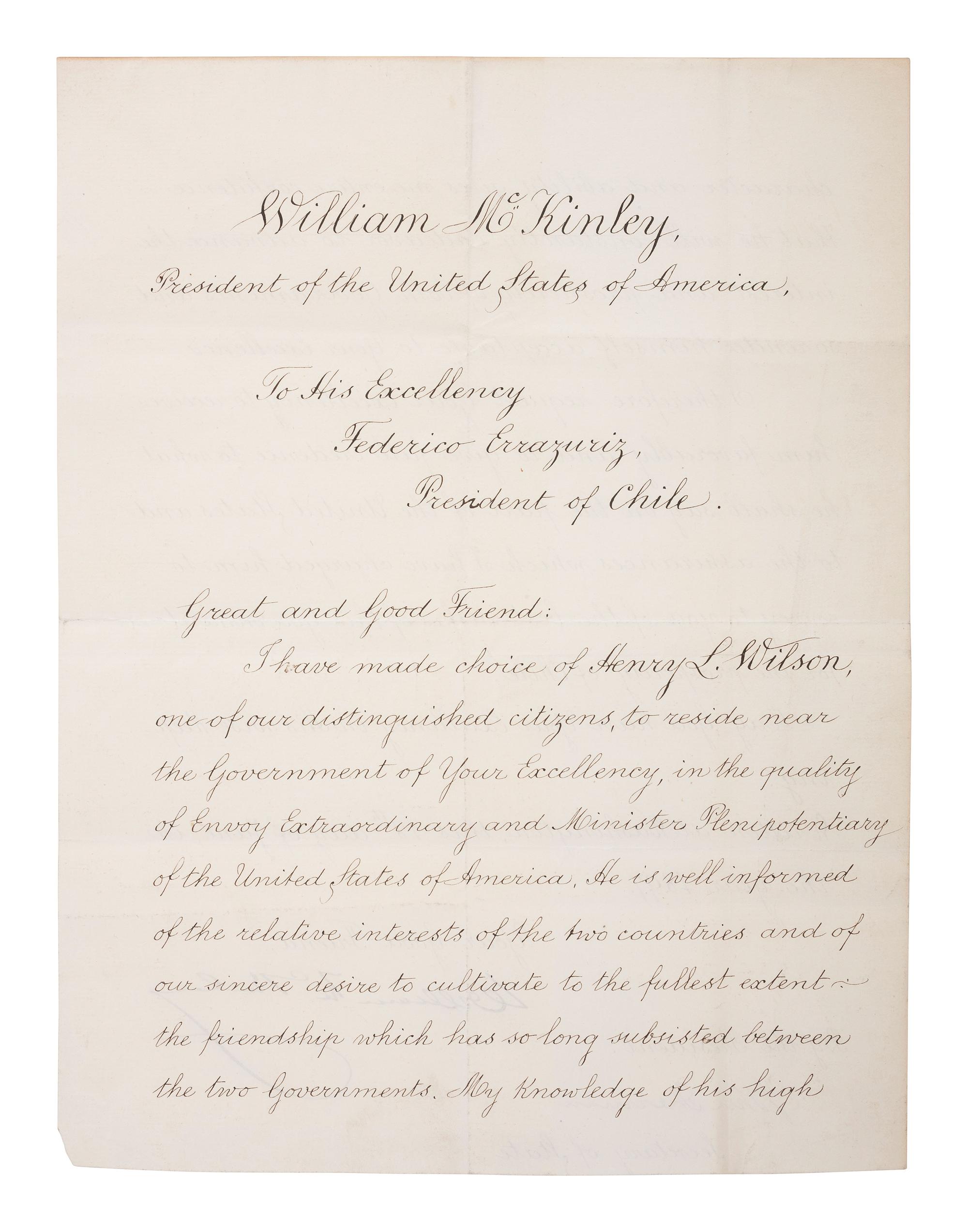[US PRESIDENTS] -- [MCKINLEY, William (1843-1901)]. Letter Signed as President, to Chilean President Federico Errázuriz Echaurren. Washington, DC, 18 June 1897.