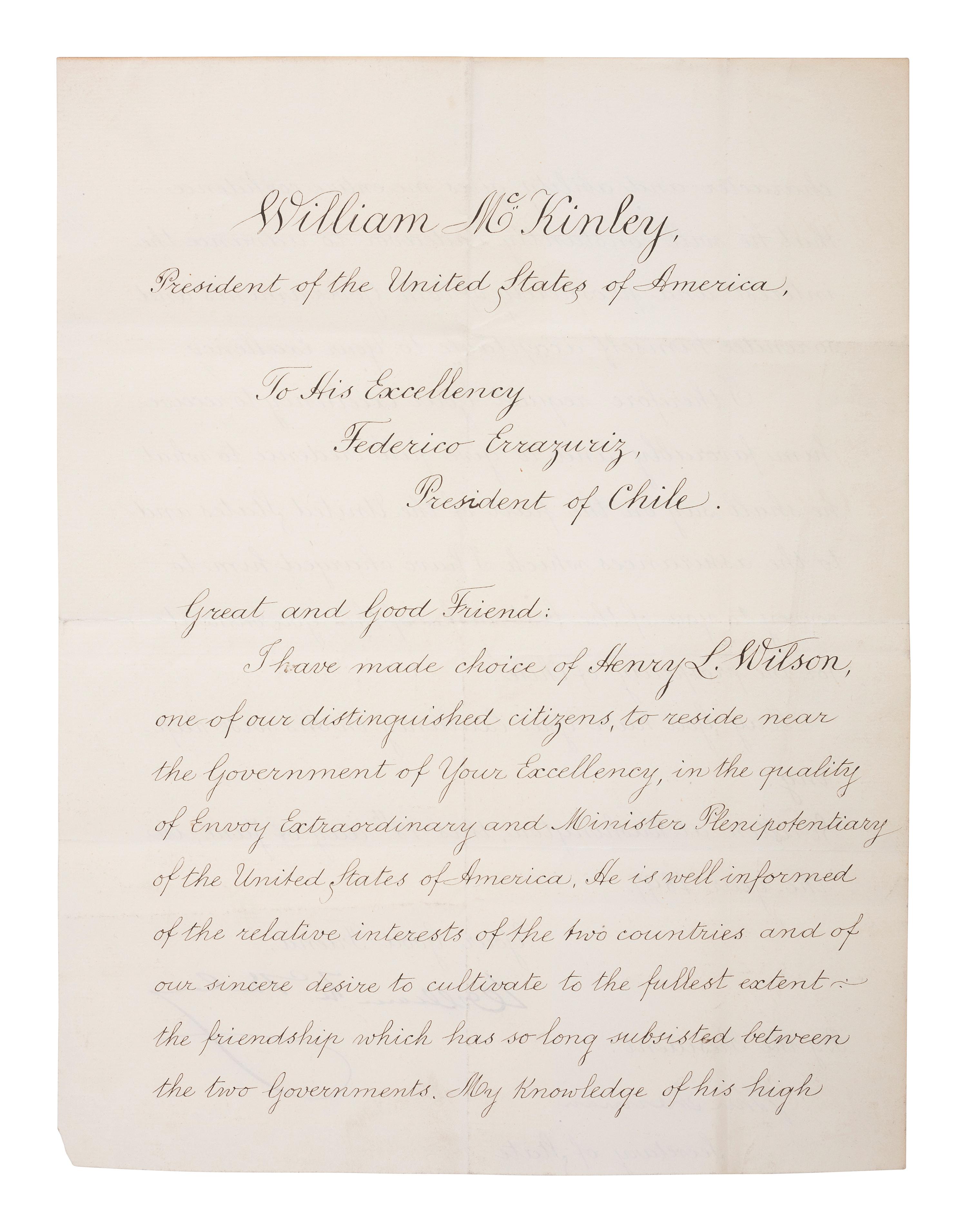 [US PRESIDENTS] -- [MCKINLEY, William (1843-1901)]. Letter Signed as President, to Chilean President Federico Errázuriz Echaurren. Washington, DC, 18 June 1897.