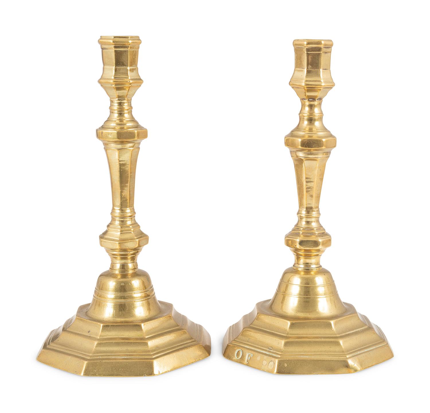 A Matched Pair of French Brass Octagonal Candlesticks