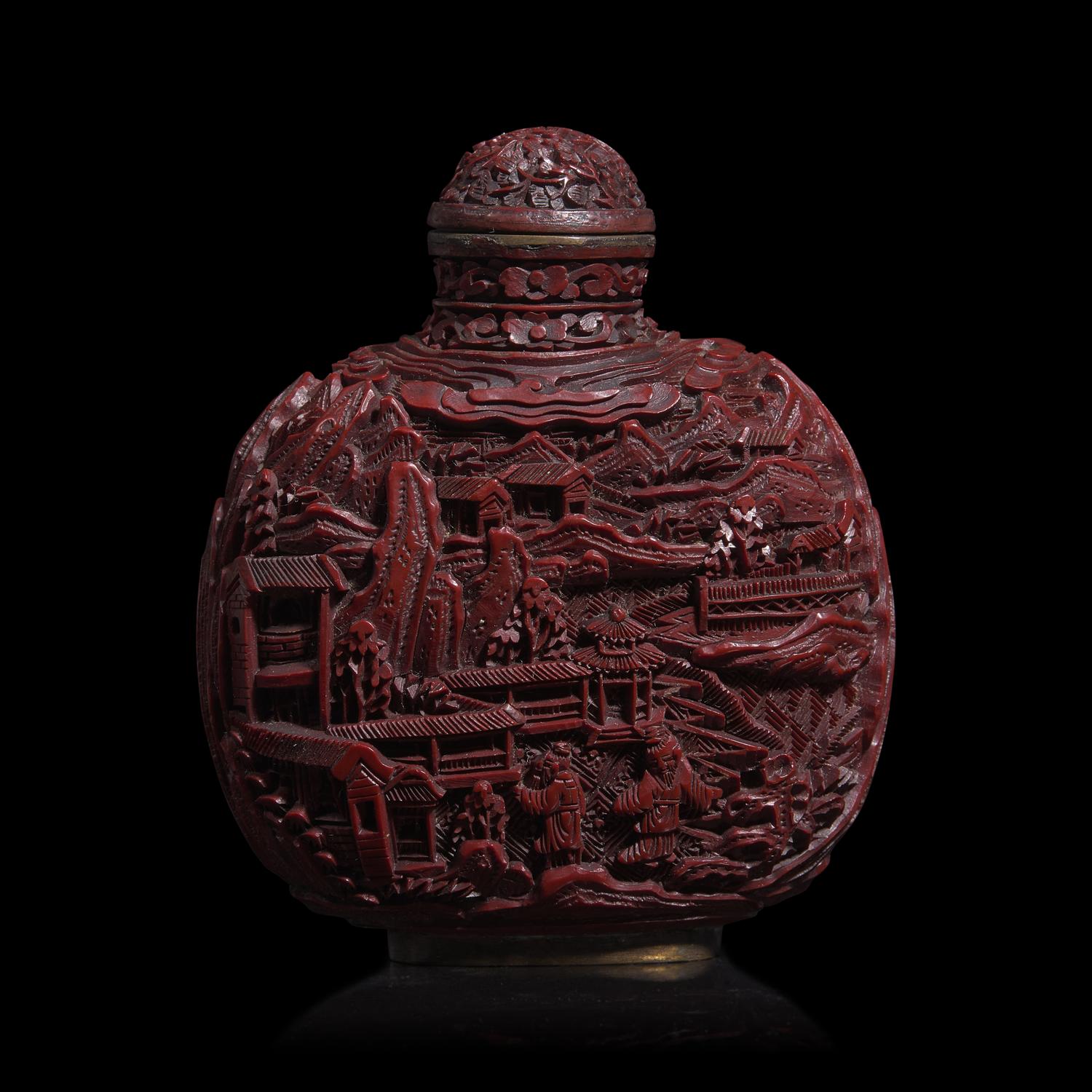 A Large Chinese Carved Cinnabar Lacquer Snuff Bottle, Late Qing-Republic Period