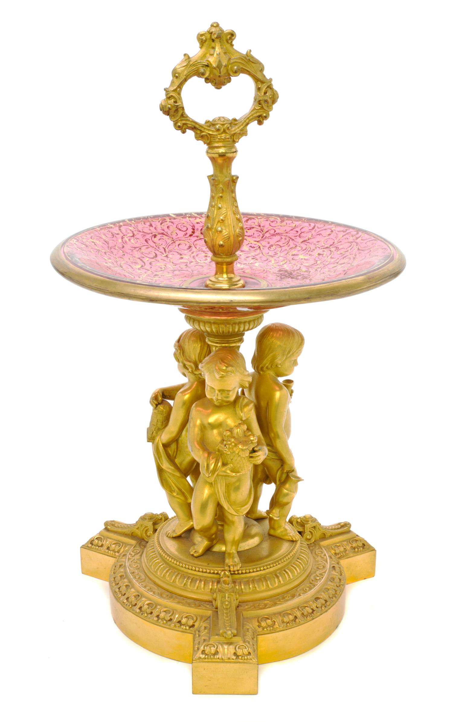 A Louis XVI Style Gilt Bronze and Cranberry Glass Figural Centerpiece, Height 16 1/4 inches.