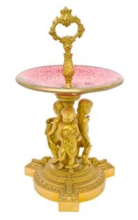 A Louis XVI Style Gilt Bronze and Cranberry Glass Figural Centerpiece, Height 16 1/4 inches.