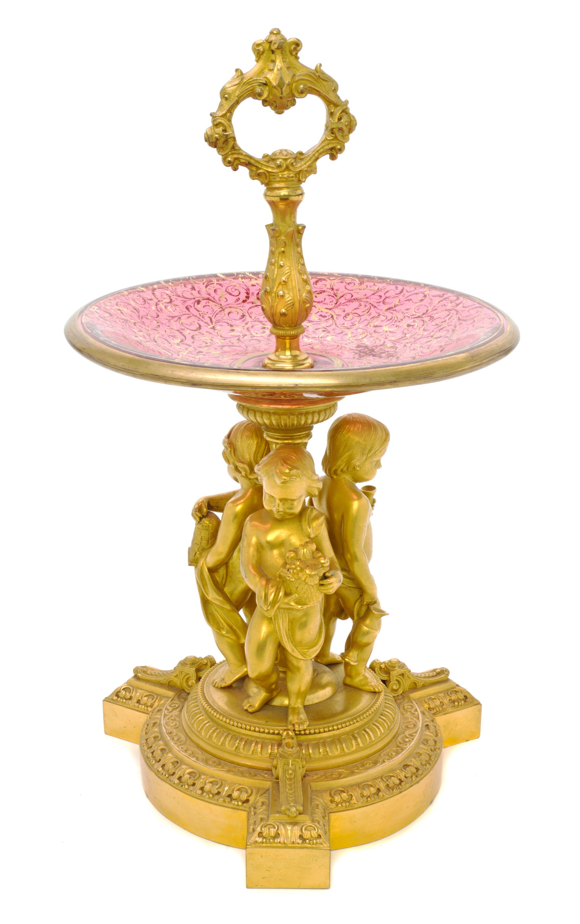 A Louis XVI Style Gilt Bronze and Cranberry Glass Figural Centerpiece, Height 16 1/4 inches.