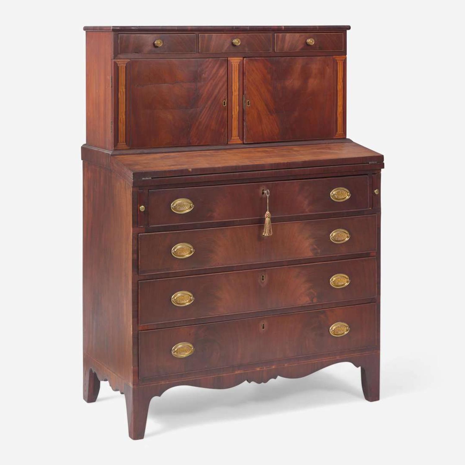 A Federal inlaid mahogany secretary desk Boston / Newburyport, MA or Coastal New Hampshire, circa 1810