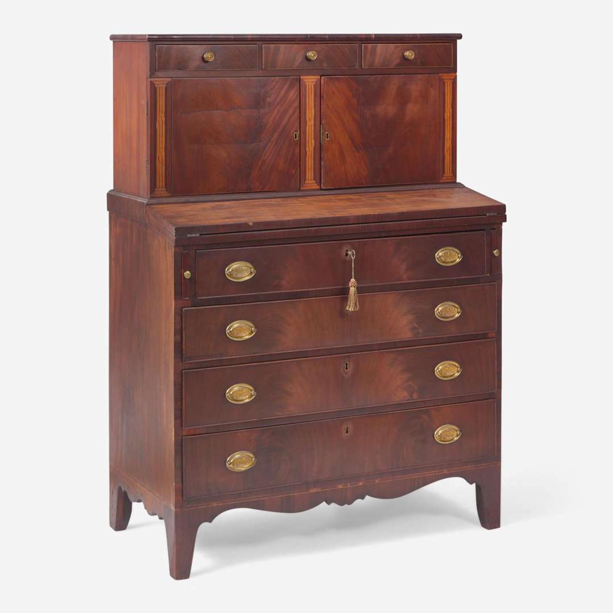 A Federal inlaid mahogany secretary desk Boston / Newburyport, MA or Coastal New Hampshire, circa 1810