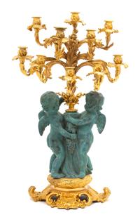 A Louis XV Style Parcel Gilt & Patinated Bronze Ten-Light Candelabrum Height 28 inches. — 20TH CENTURY