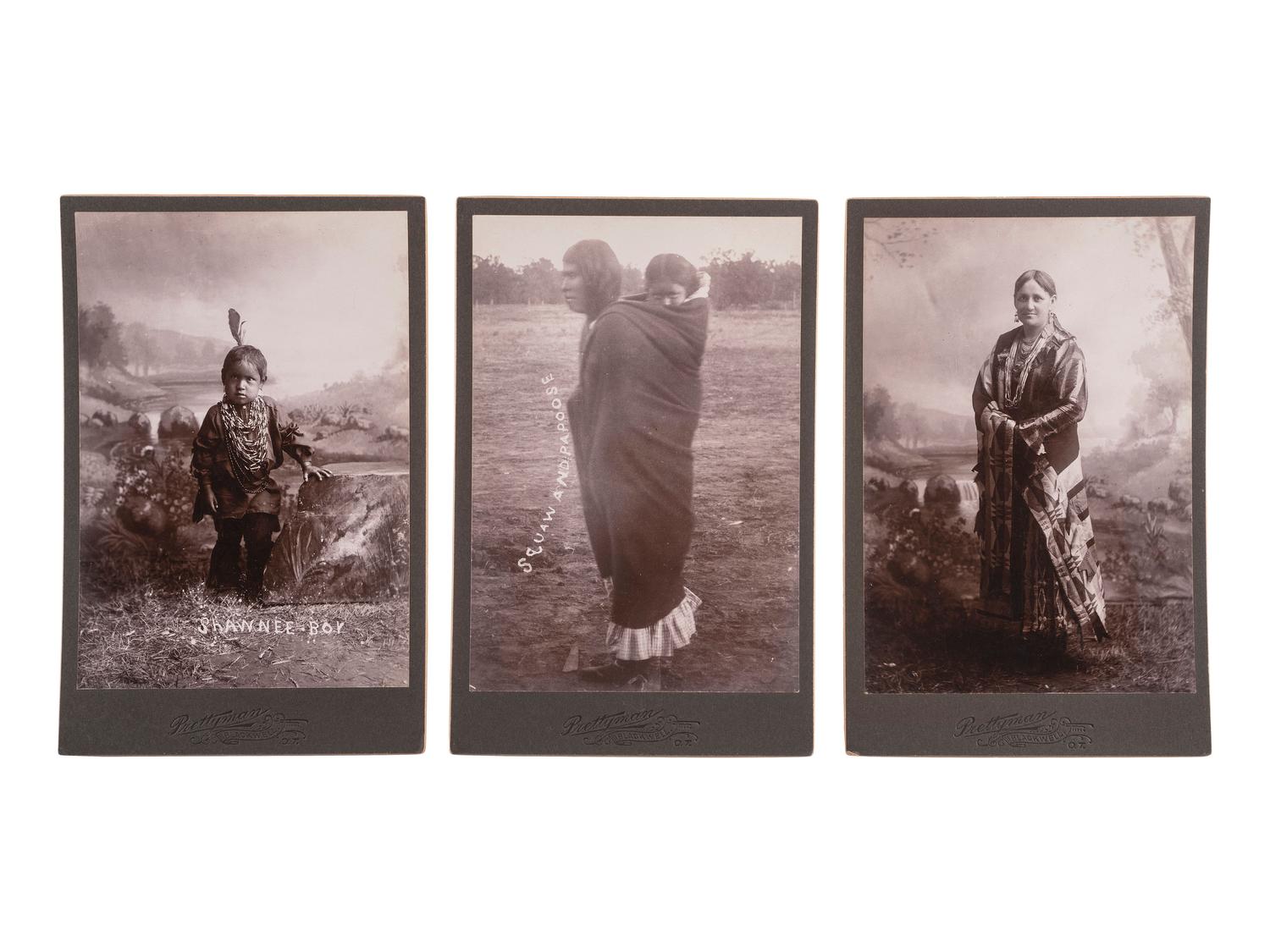 [NATIVE AMERICANS]. PRETTYMAN, William S., photographer. A group of 3 cabinet cards of Shawnee women and children. Blackwell, Oklahoma Territory.
