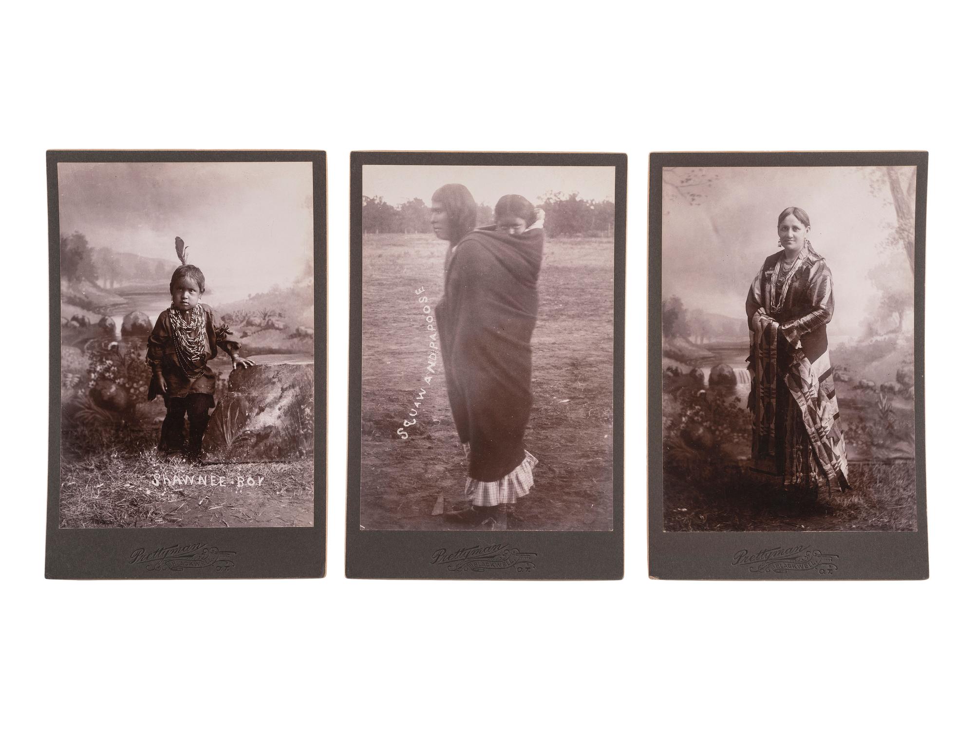 [NATIVE AMERICANS]. PRETTYMAN, William S., photographer. A group of 3 cabinet cards of Shawnee women and children. Blackwell, Oklahoma Territory.