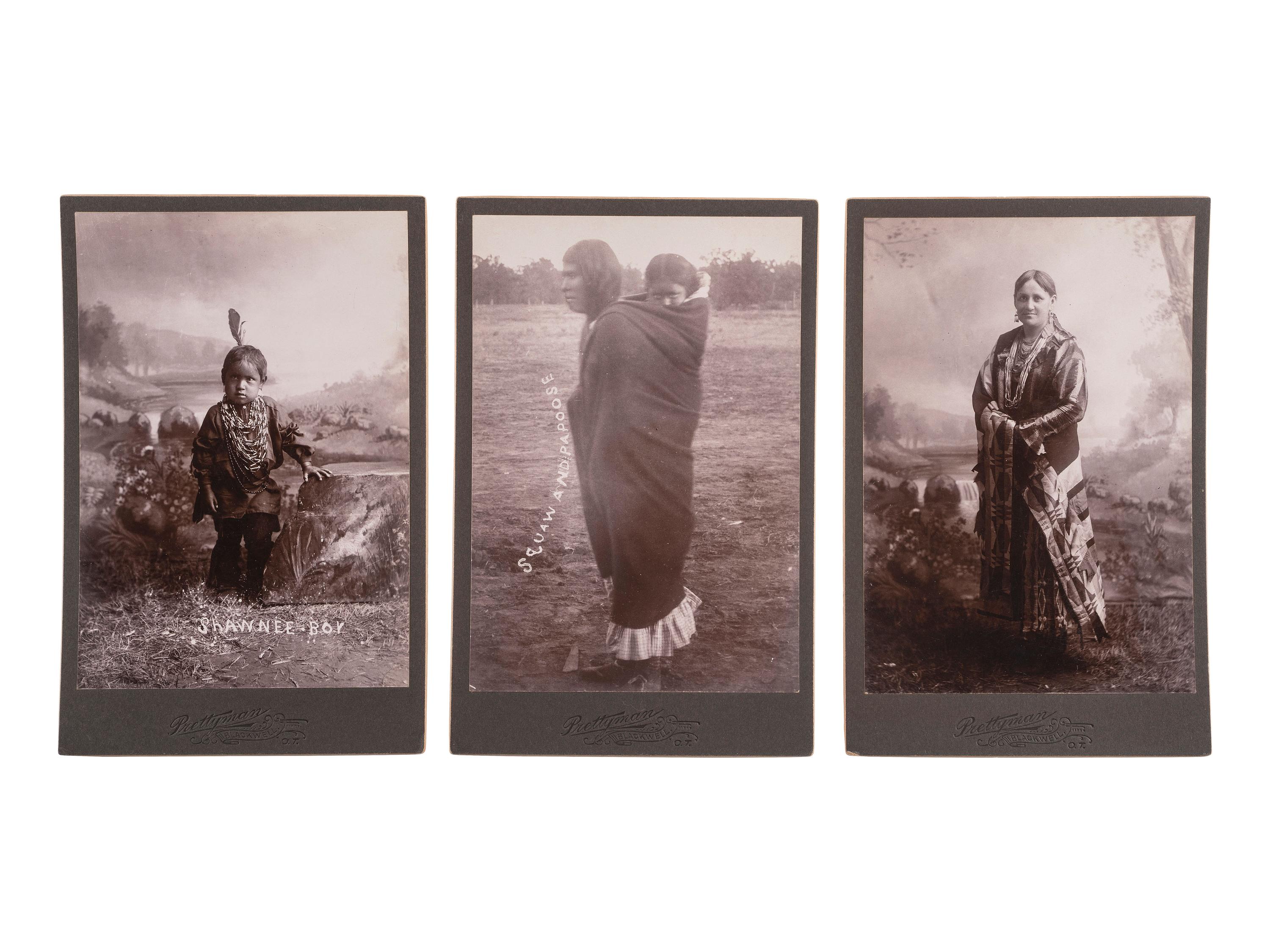 [NATIVE AMERICANS]. PRETTYMAN, William S., photographer. A group of 3 cabinet cards of Shawnee women and children. Blackwell, Oklahoma Territory.