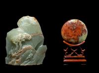 Two Chinese Carved Celadon and Russet Jade Articles, Ming-Qing Dynasty 明-清 青玉山子及仿古佩
