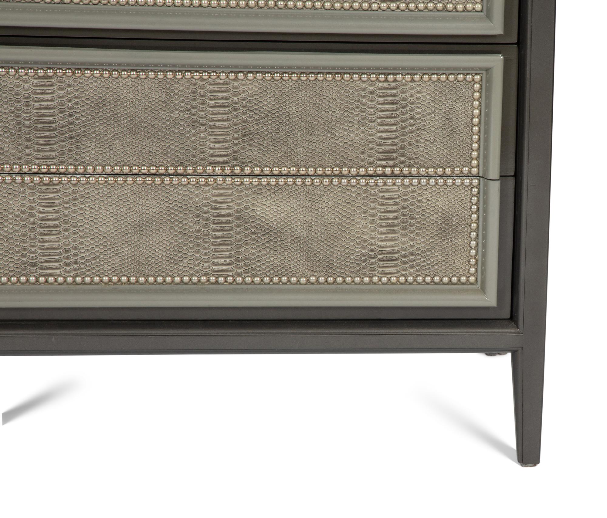 A Pair of Custom Painted Bedside Cabinets with Faux-Python Veneered Drawer Fronts