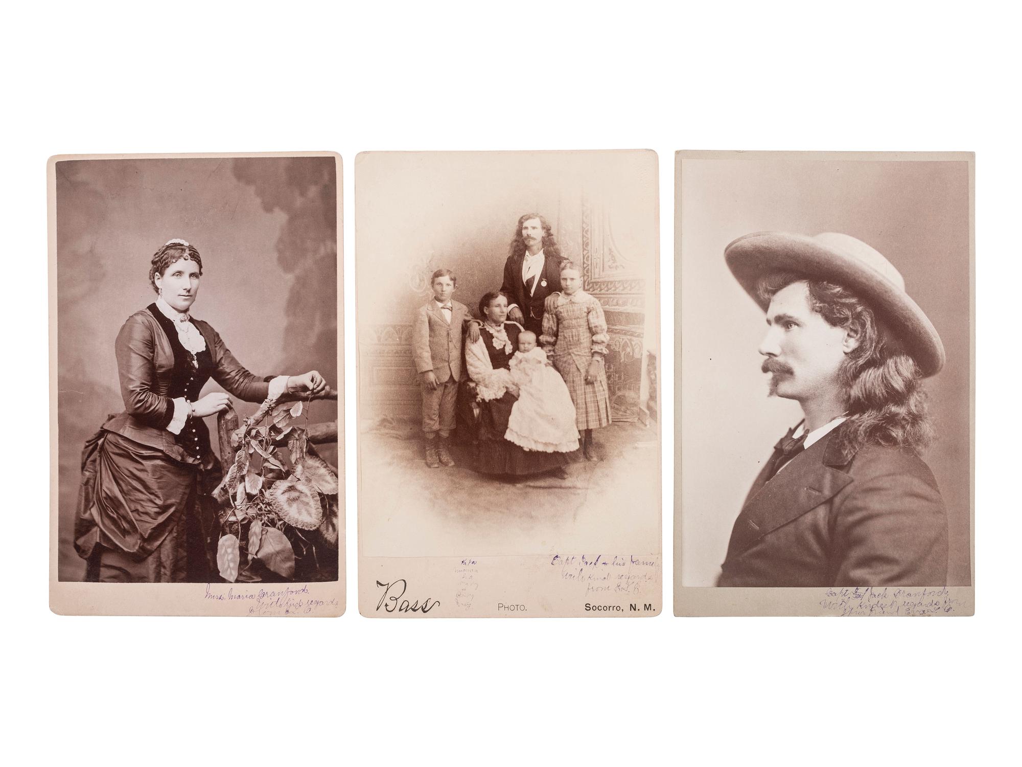 [WILD WEST SHOWS]. CRAWFORD, John. W. "Captain Jack" (1847-1917). A group of 3 scarce cabinet cards of Captain Jack Crawford and family, comprising: