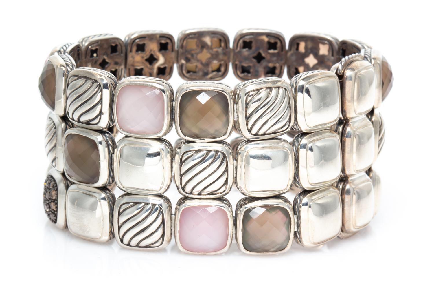 A Sterling Silver, Rose Quartz, Quartz and Brown Diamond 'Chiclet' Bracelet, David Yurman, 87.40 dwts.