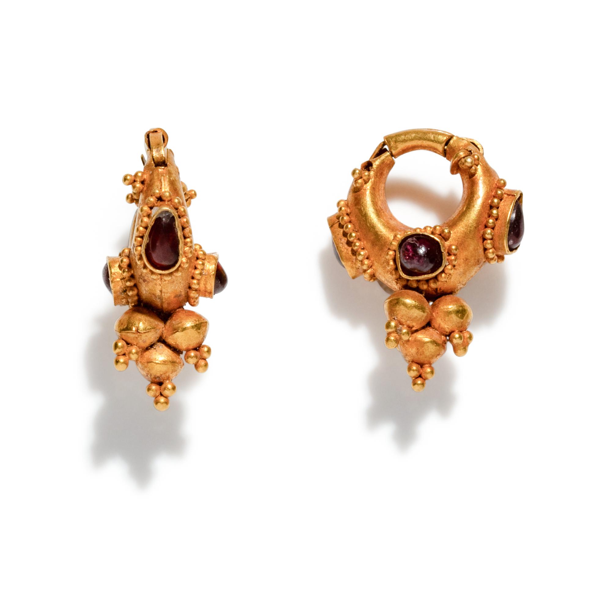 A Pair of Parthian or Sasanian Gold and Garnet Earrings