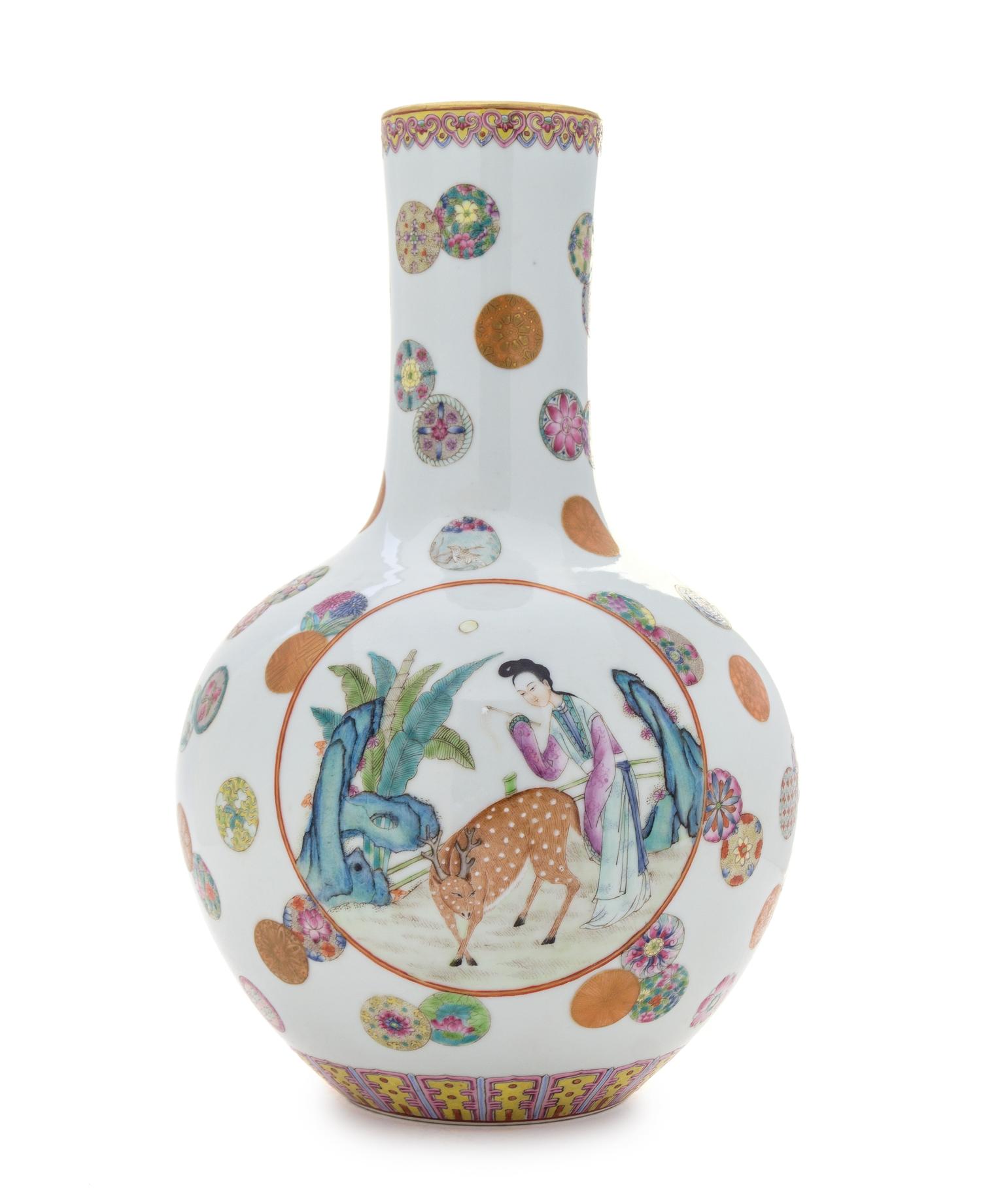 A Famille Rose Porcelain Bottle Vase Height 13 inches.