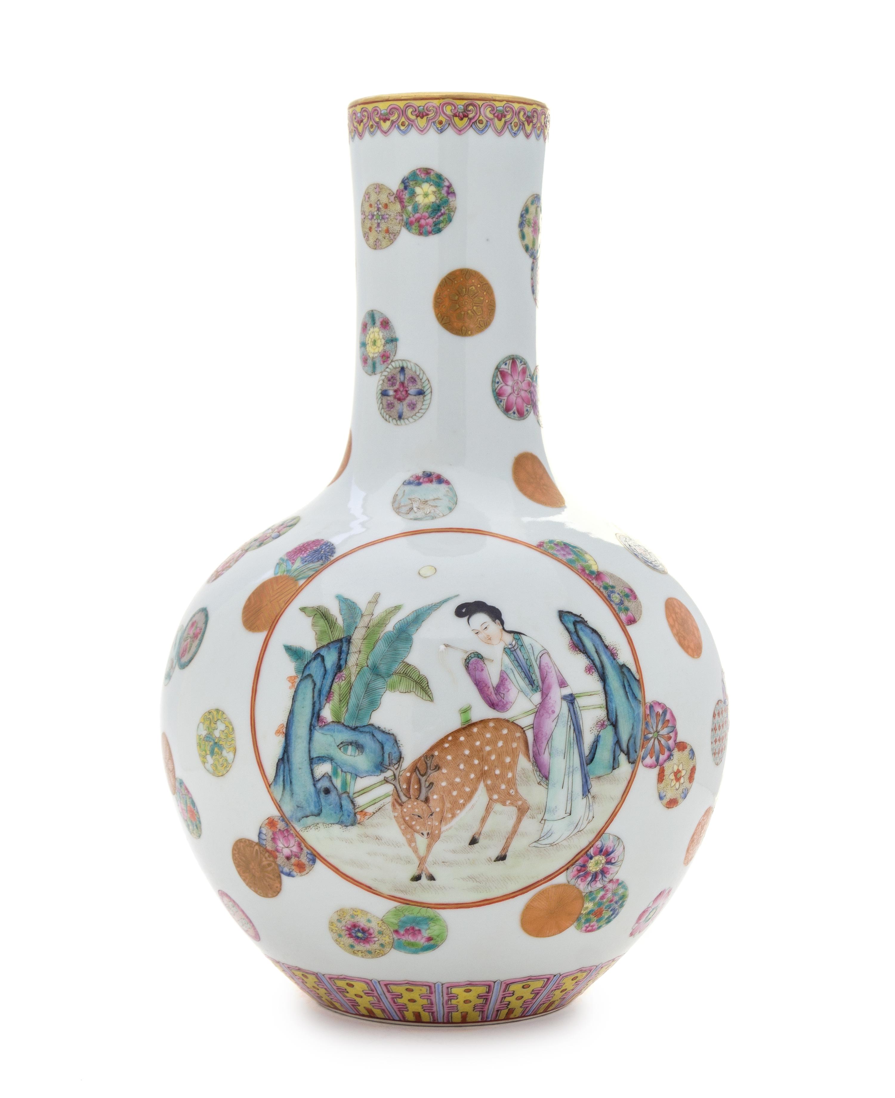 A Famille Rose Porcelain Bottle Vase Height 13 inches.