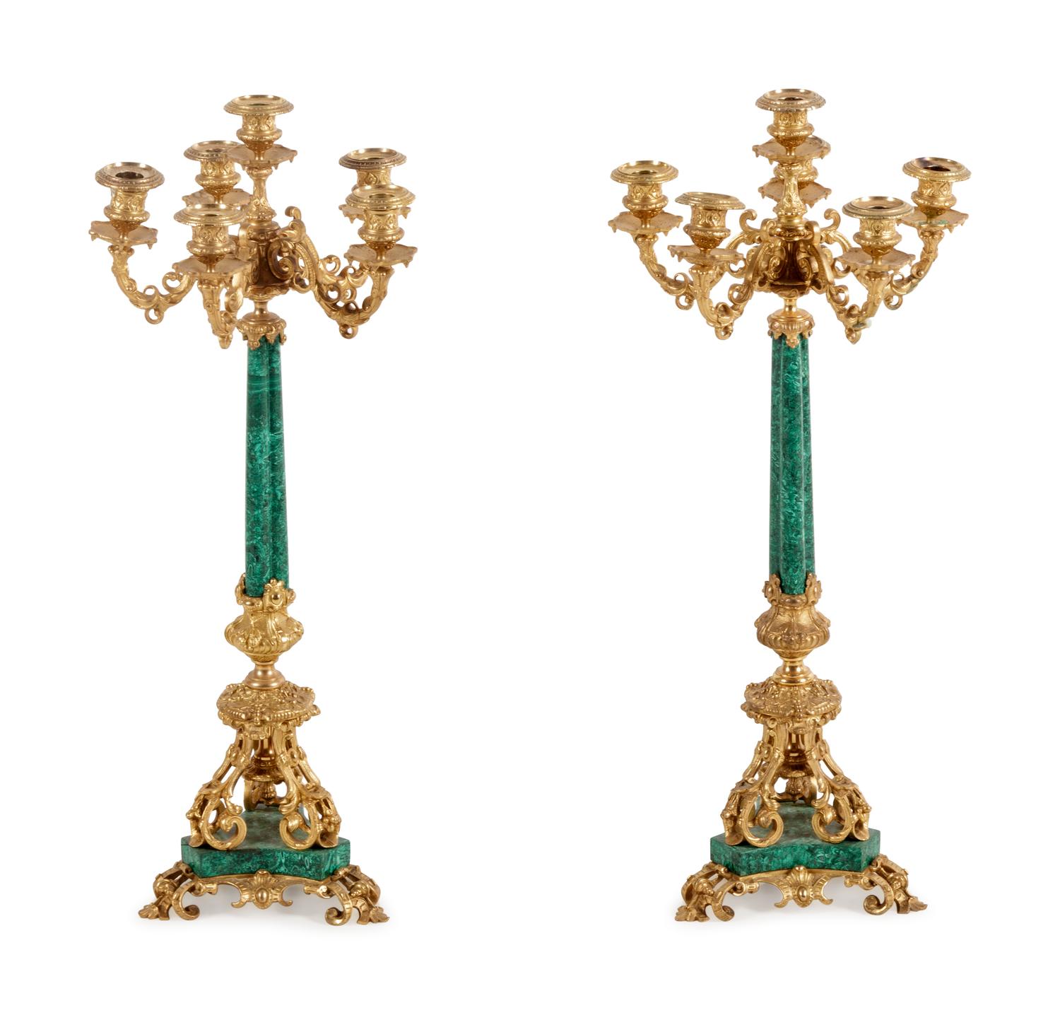 A Pair of French Gilt Bronze and Malachite Six-Light Candelabra