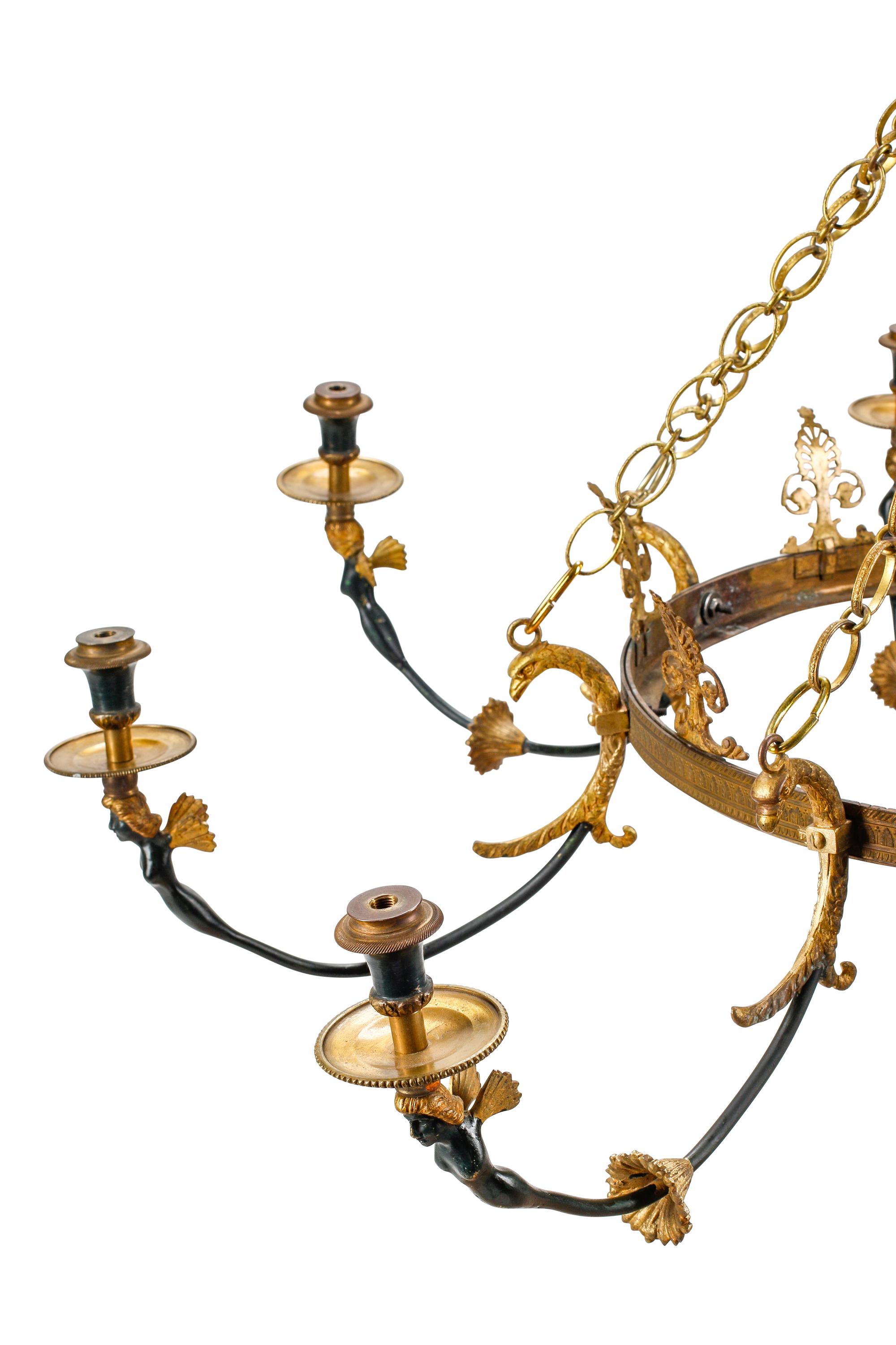 A French Neoclassical Style Gilt and Patinated Metal Eight-Light Chandelier