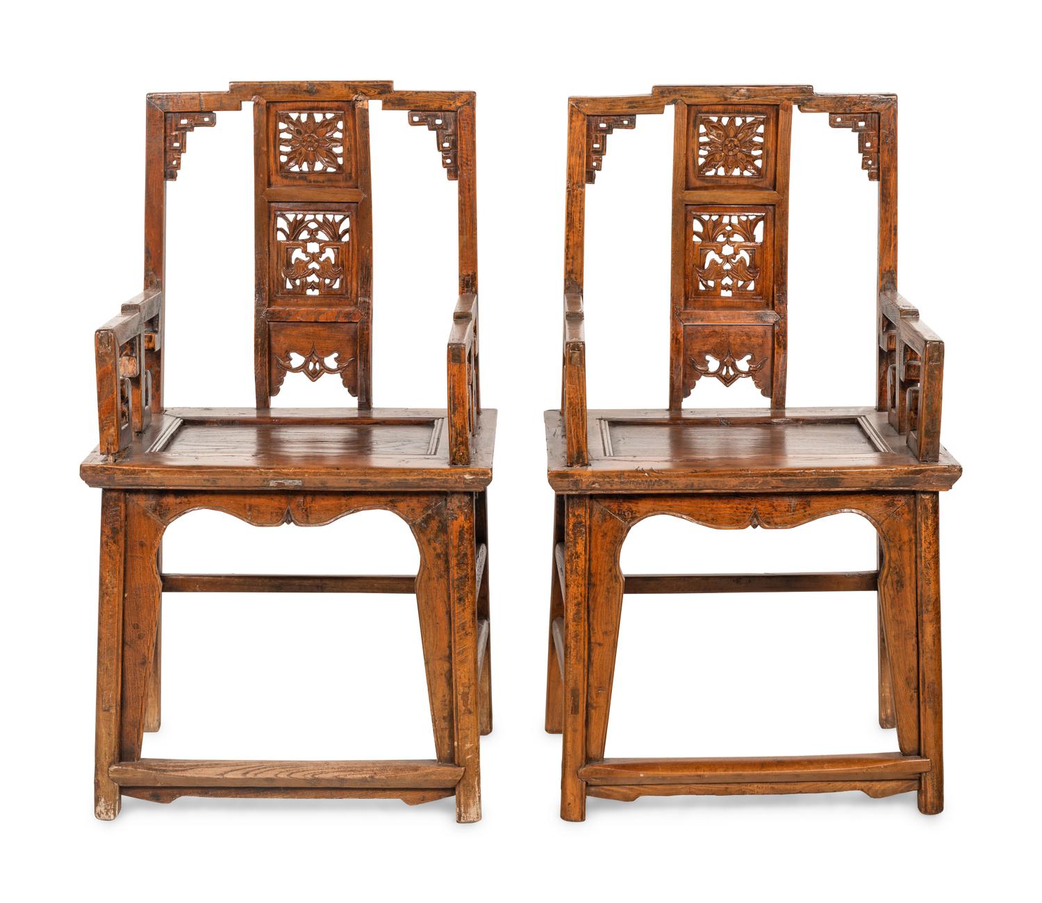 A Pair of Chinese Export Carved Hardwood Armchairs
