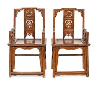A Pair of Chinese Export Carved Hardwood Armchairs