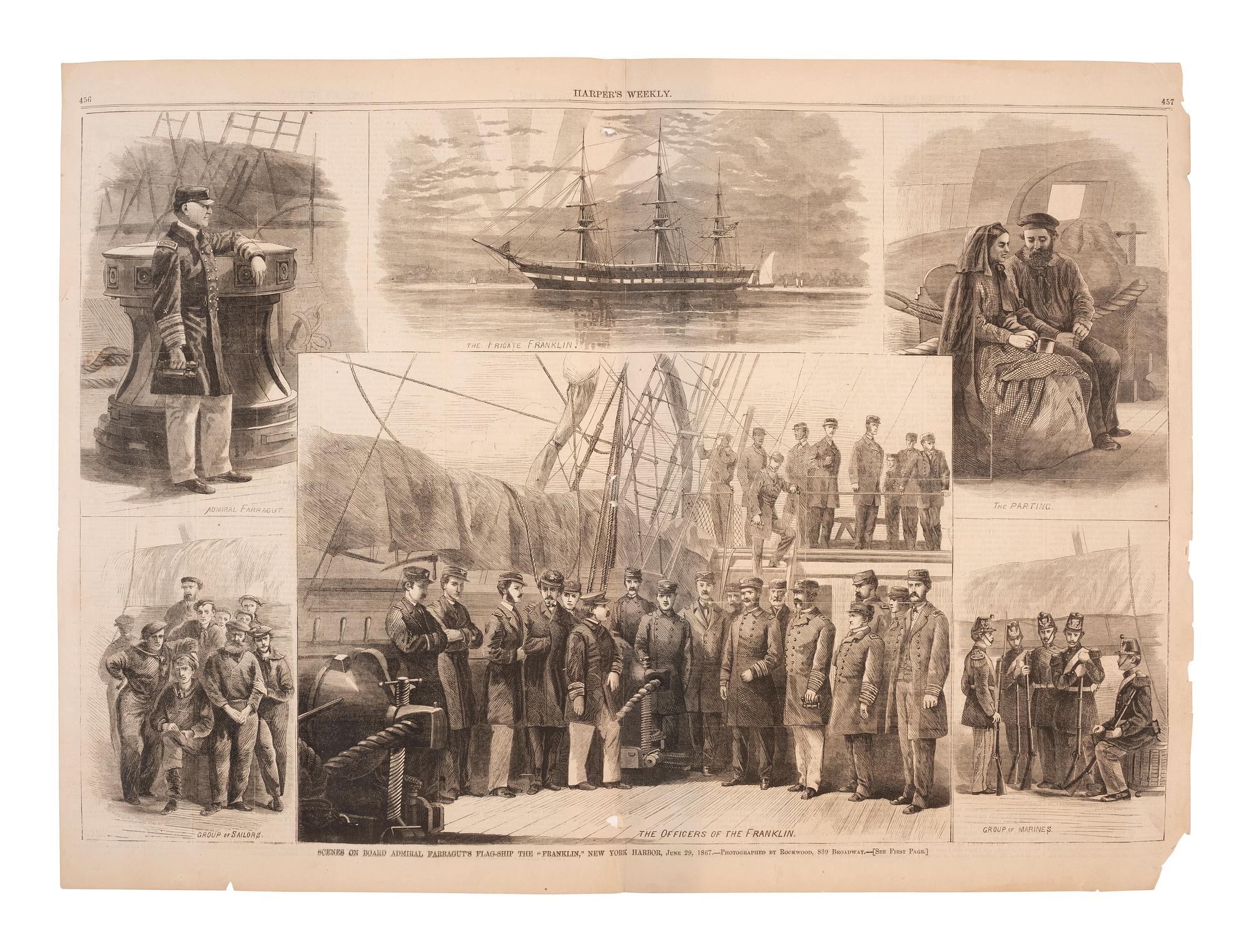 [CIVIL WAR] 3 photographs of D.G. Farragut with Harper's Weekly issues related to the famed admiral.