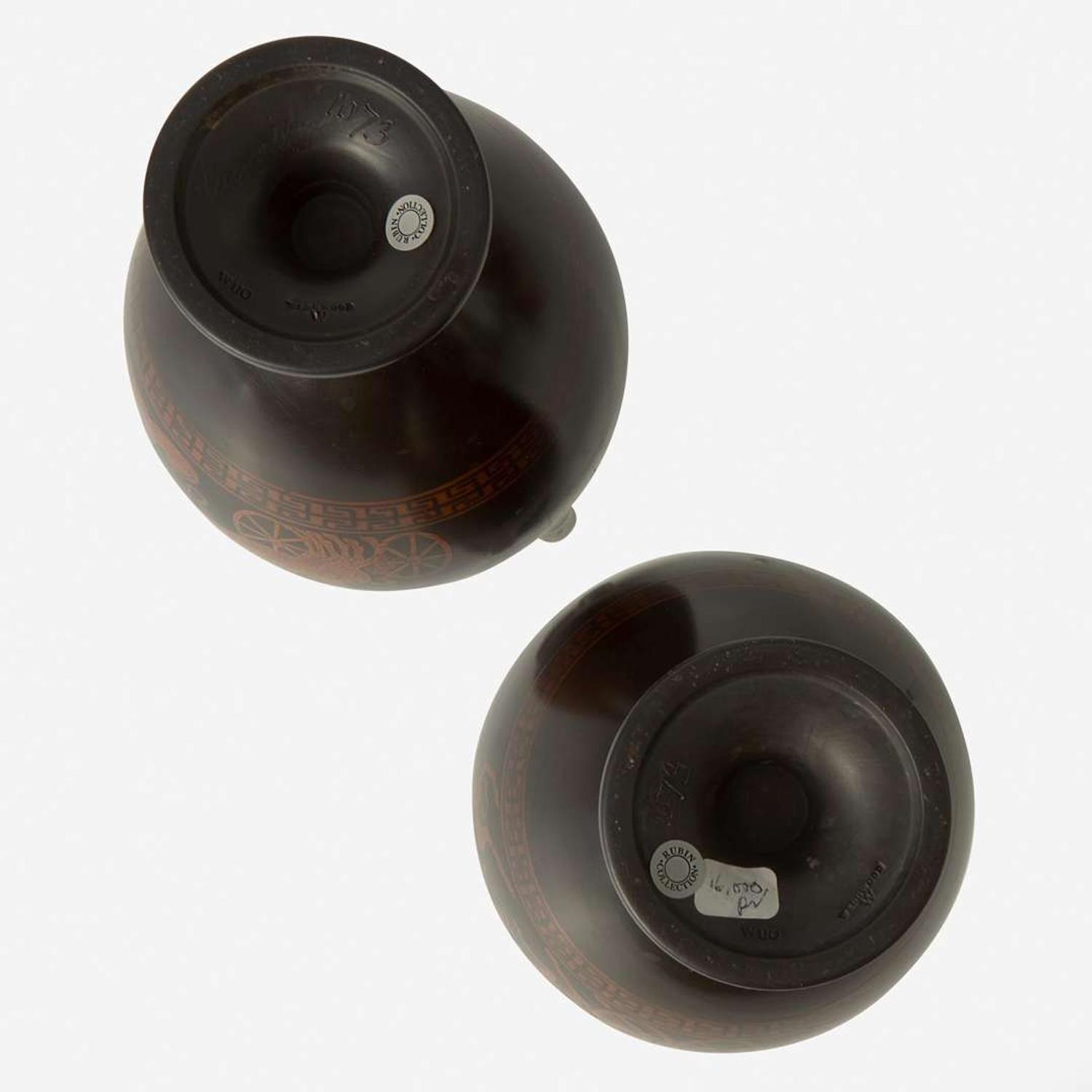 A Pair of Wedgwood Black Basalt Handled Vases with Red Figure Decoration UK, circa 1860
