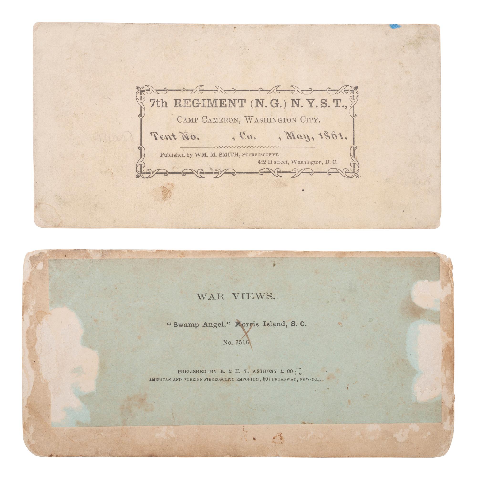 [CIVIL WAR] 2 stereoviews, incl. Battery Swamp Angel on Morris Island, SC & 7th NY at Camp Cameron.