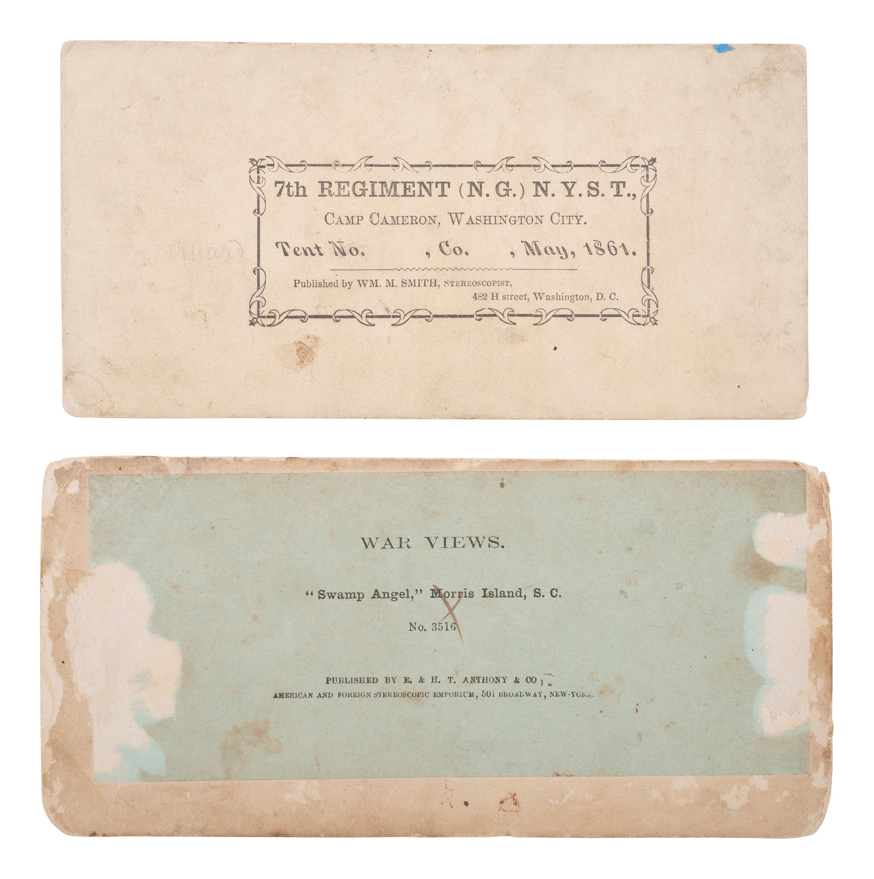 [CIVIL WAR] 2 stereoviews, incl. Battery Swamp Angel on Morris Island, SC & 7th NY at Camp Cameron.