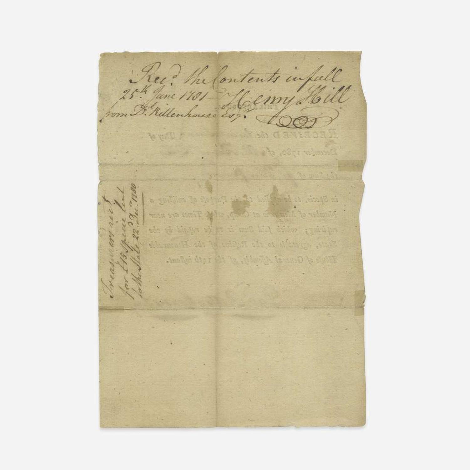 [American Revolution] Rittenhouse, David Partially-Printed Document, signed