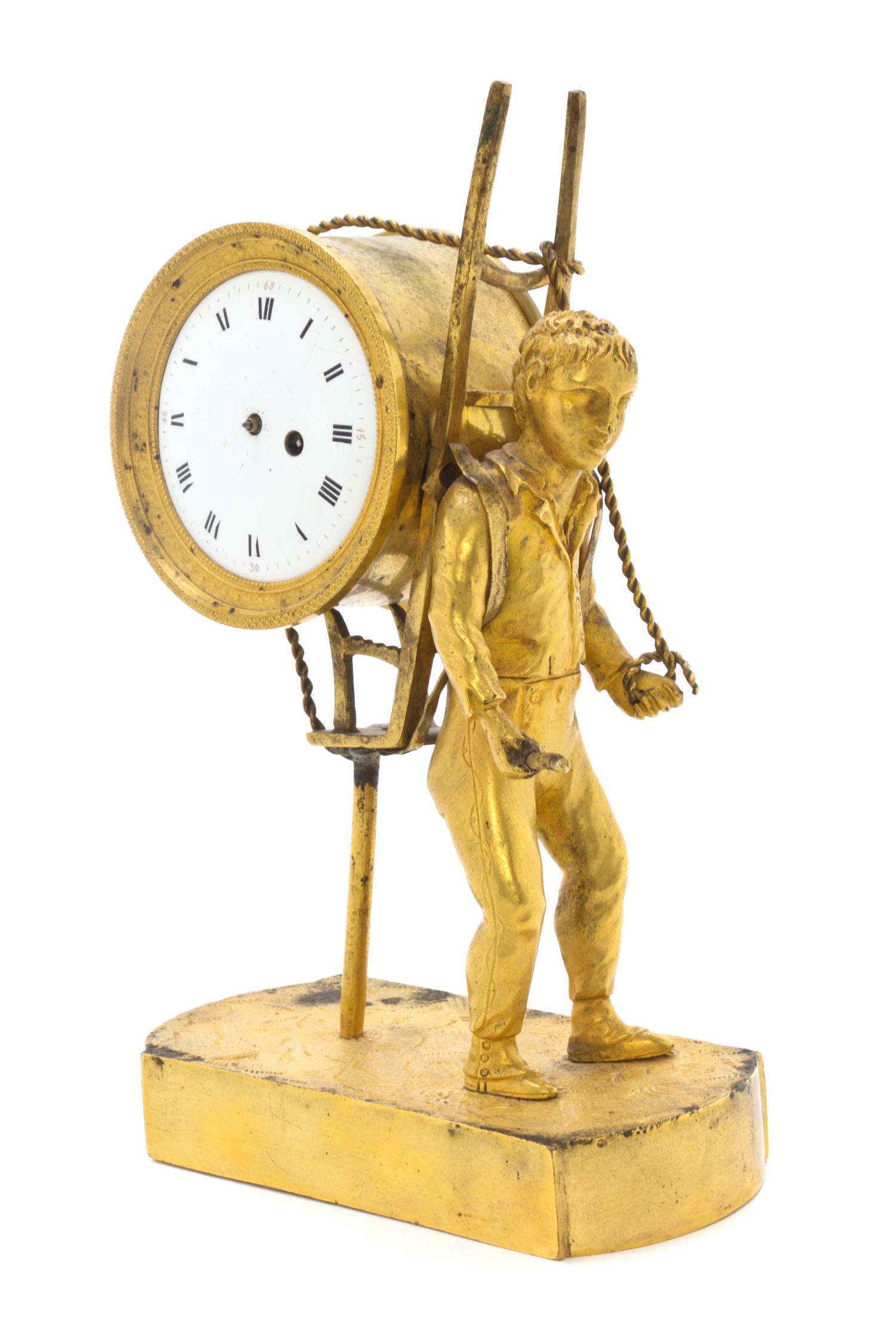 A Louis XV Gilt Bronze Figural Clock, Augustin Fortin, Height 7 3/4 inches.