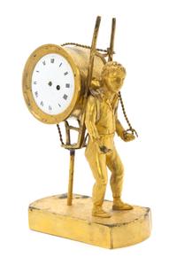 A Louis XV Gilt Bronze Figural Clock, Augustin Fortin, Height 7 3/4 inches.
