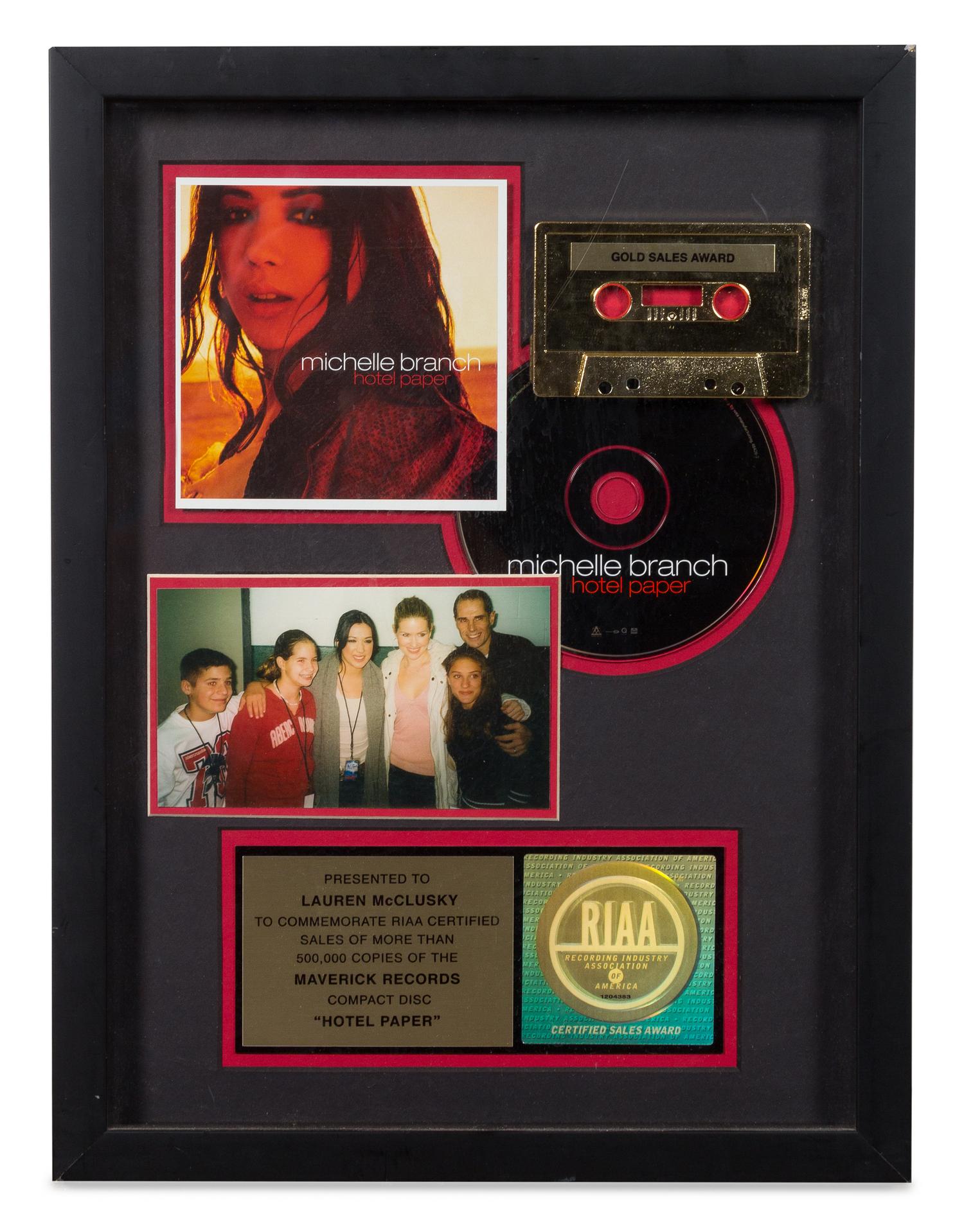 A Michelle Branch: Hotel Paper RIAA Certified Gold Presentation Album 16 1/4 x 12 1/4 inches.