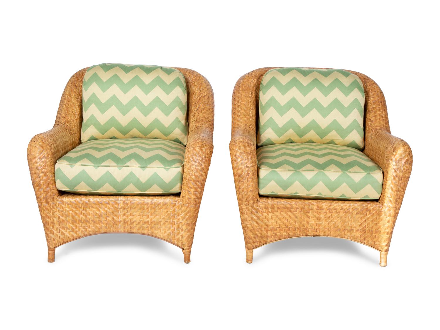 A Pair of Rattan Armchairs with Green Seat and Back Cushions — 20TH/21ST CENTURY