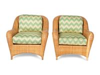 A Pair of Rattan Armchairs with Green Seat and Back Cushions — 20TH/21ST CENTURY