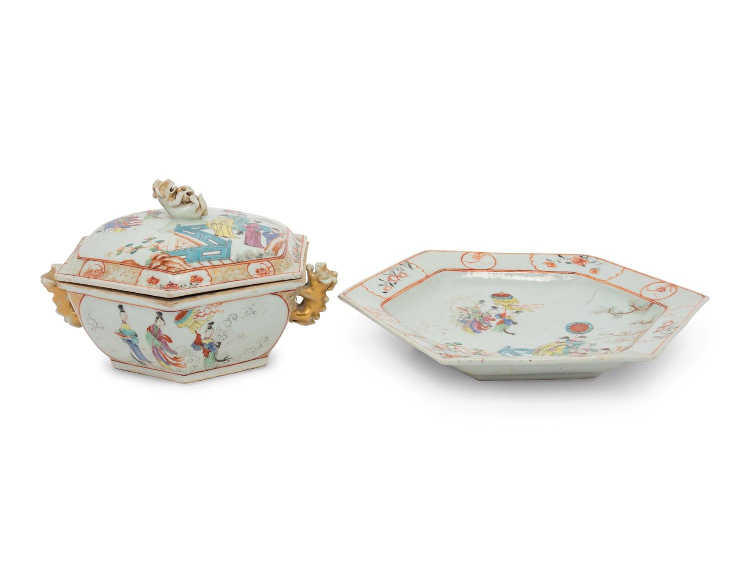 A Chinese Export Famille Rose Hexagonal Tureen and Underplate