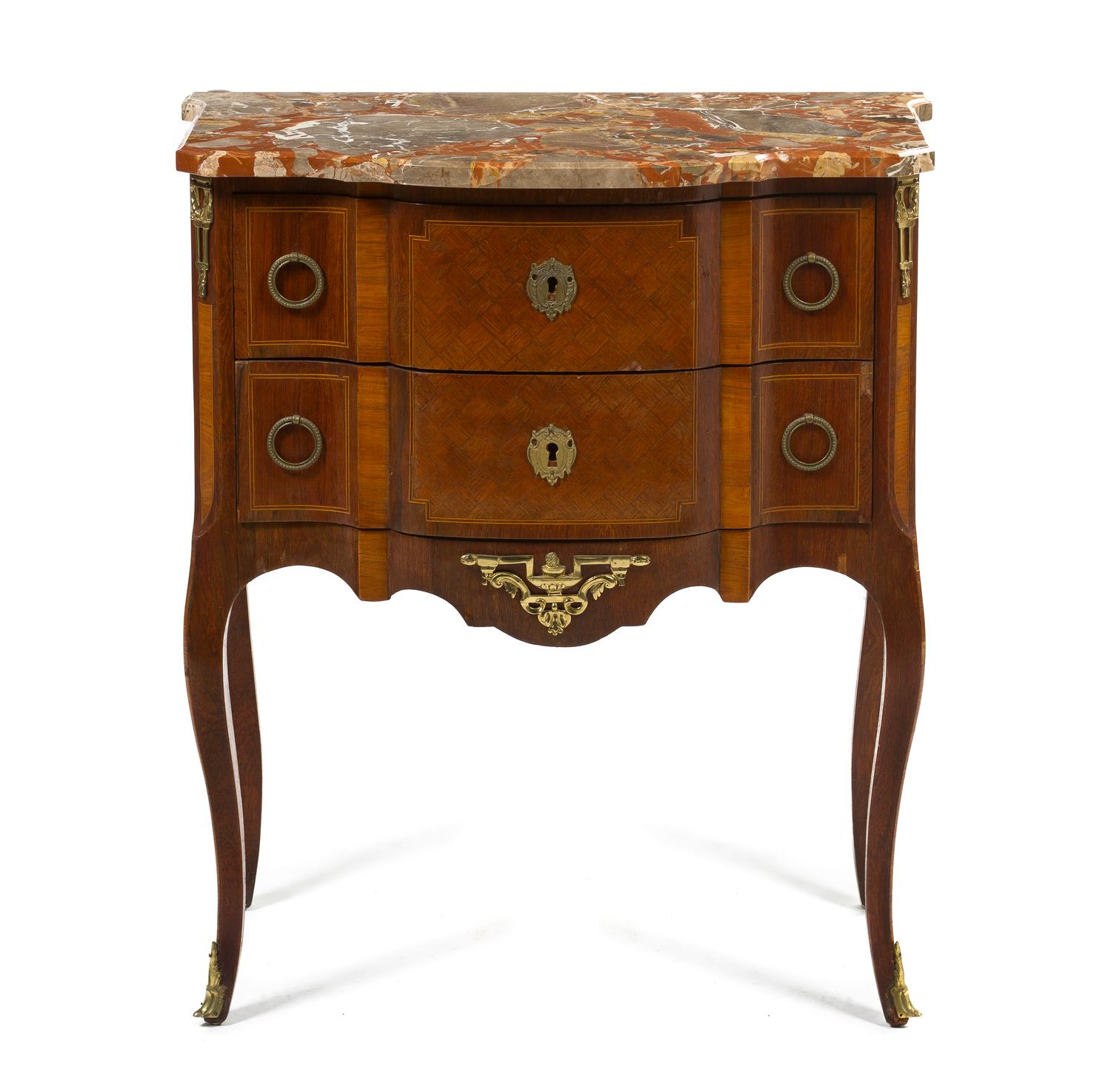 A Louis XVI Style Parquetry Commode, Height 33 1/4 x width 30 x depth 17 inches.