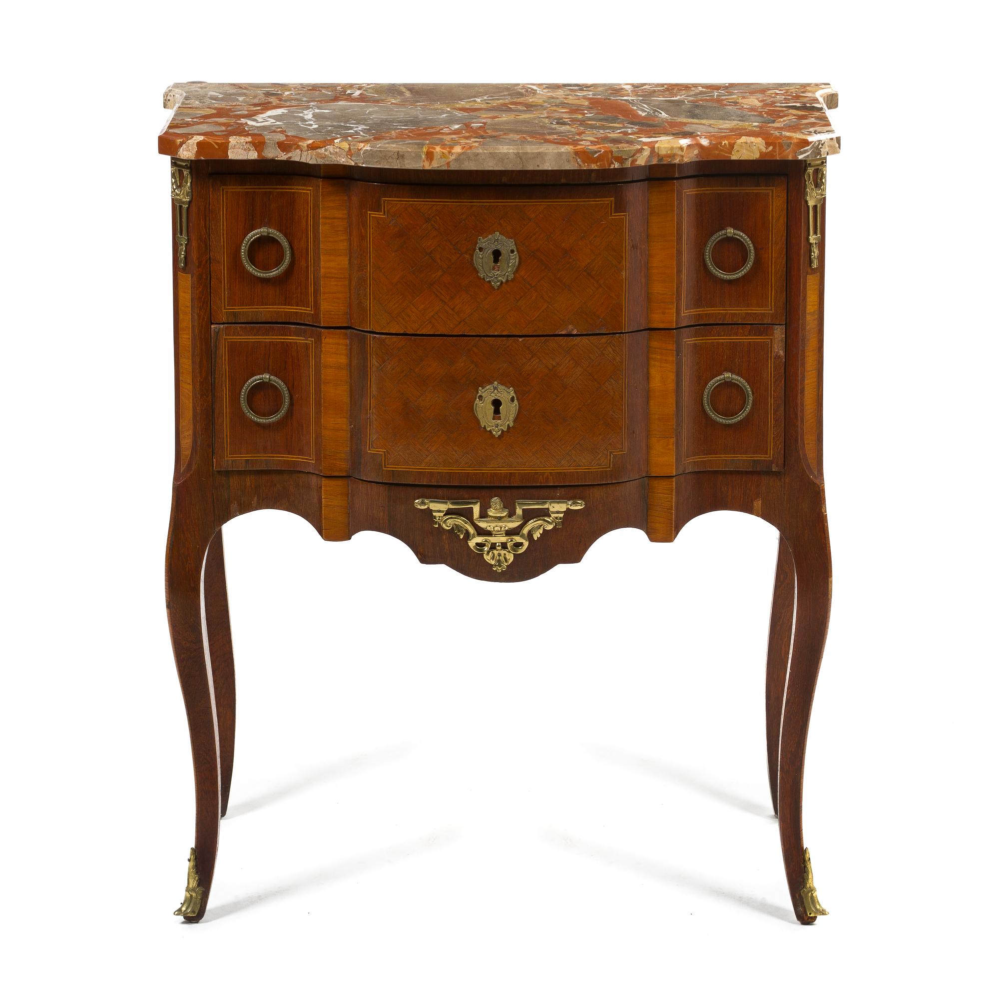 A Louis XVI Style Parquetry Commode, Height 33 1/4 x width 30 x depth 17 inches.