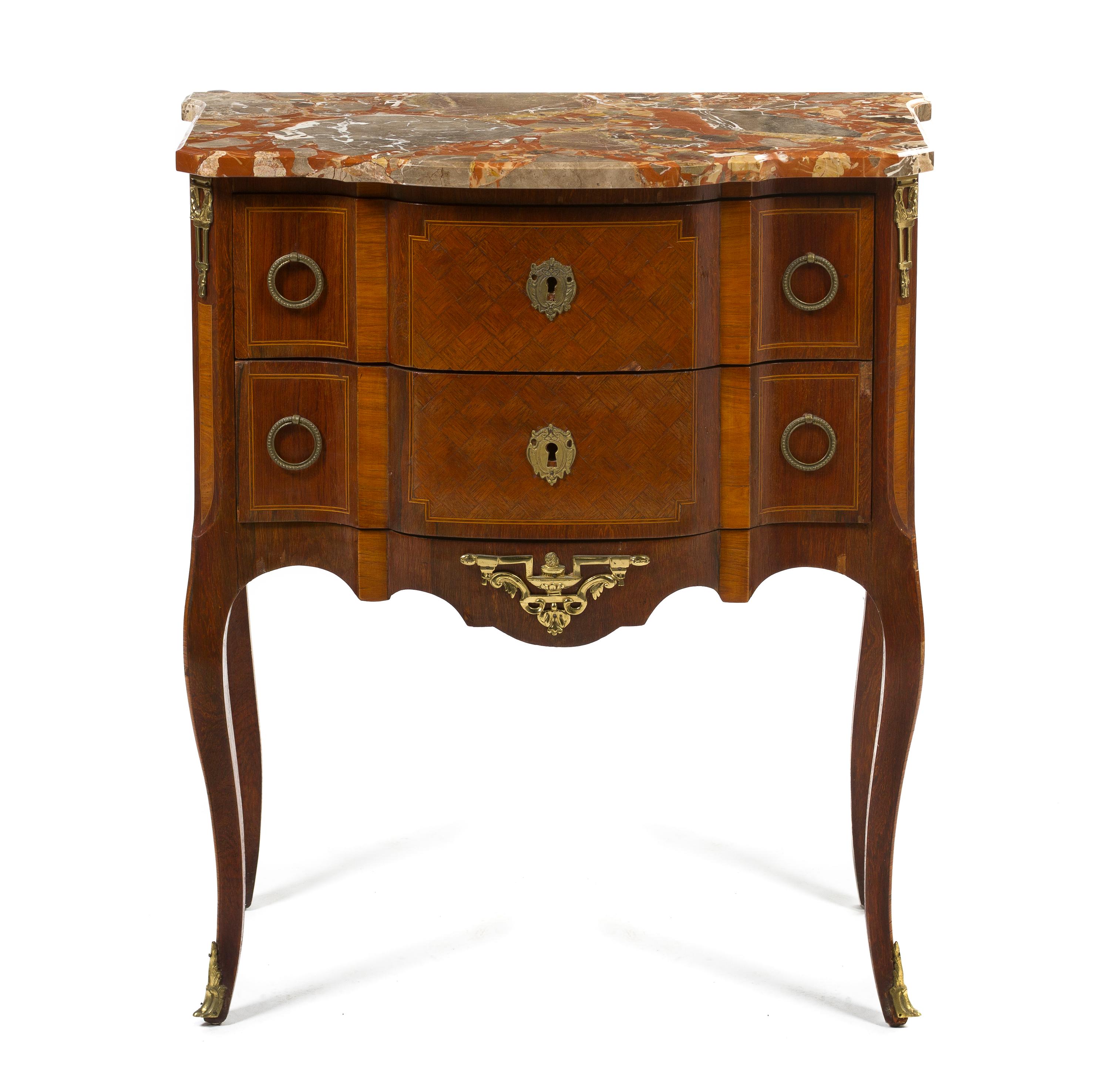 A Louis XVI Style Parquetry Commode, Height 33 1/4 x width 30 x depth 17 inches.