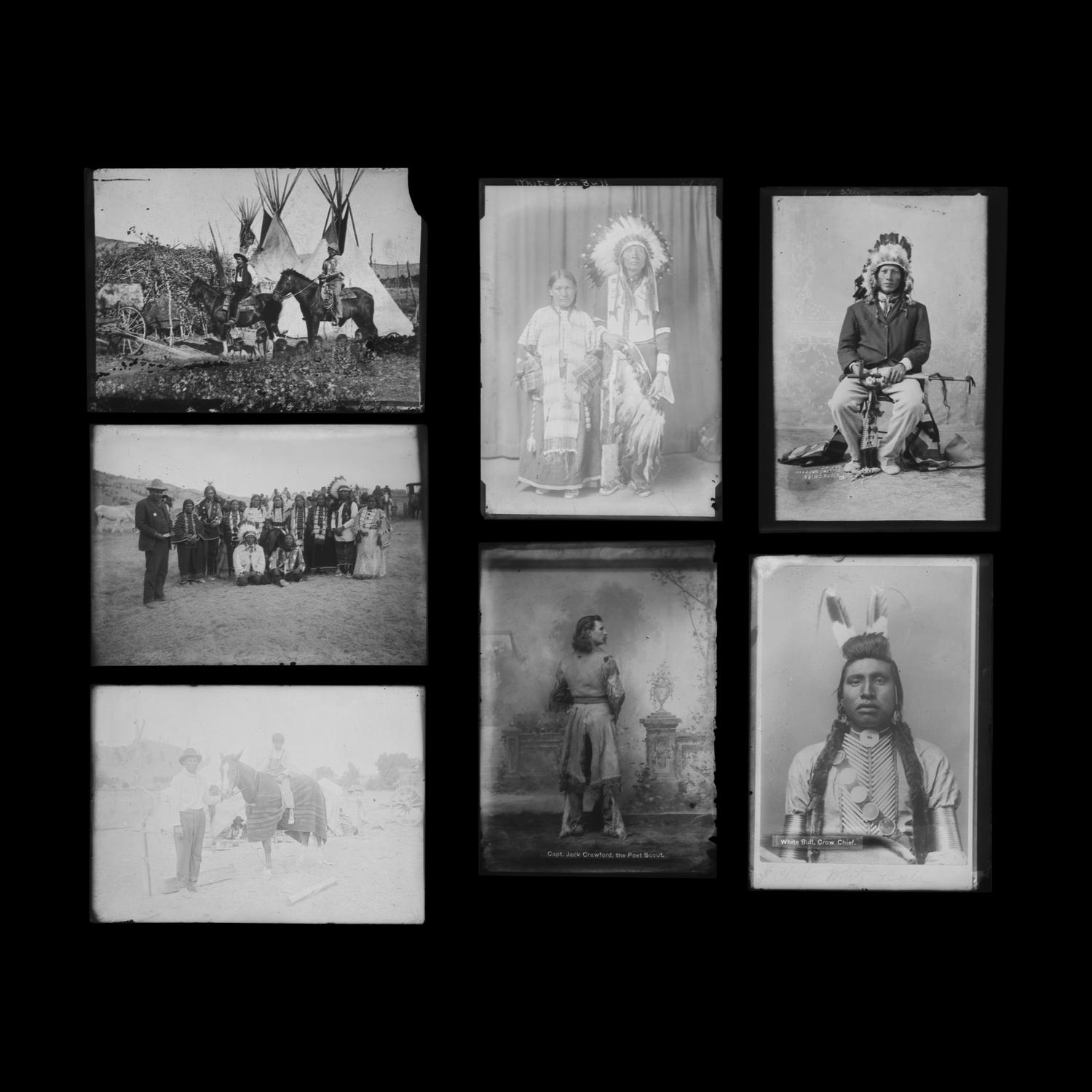 [Western Americana]. A group of 17 magic lantern slides and glass negatives, including towns, Native American subjects, and other personalities.