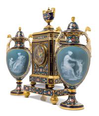 A Meissen Porcelain Pate-sur-Pate Four-Piece Clock Garniture