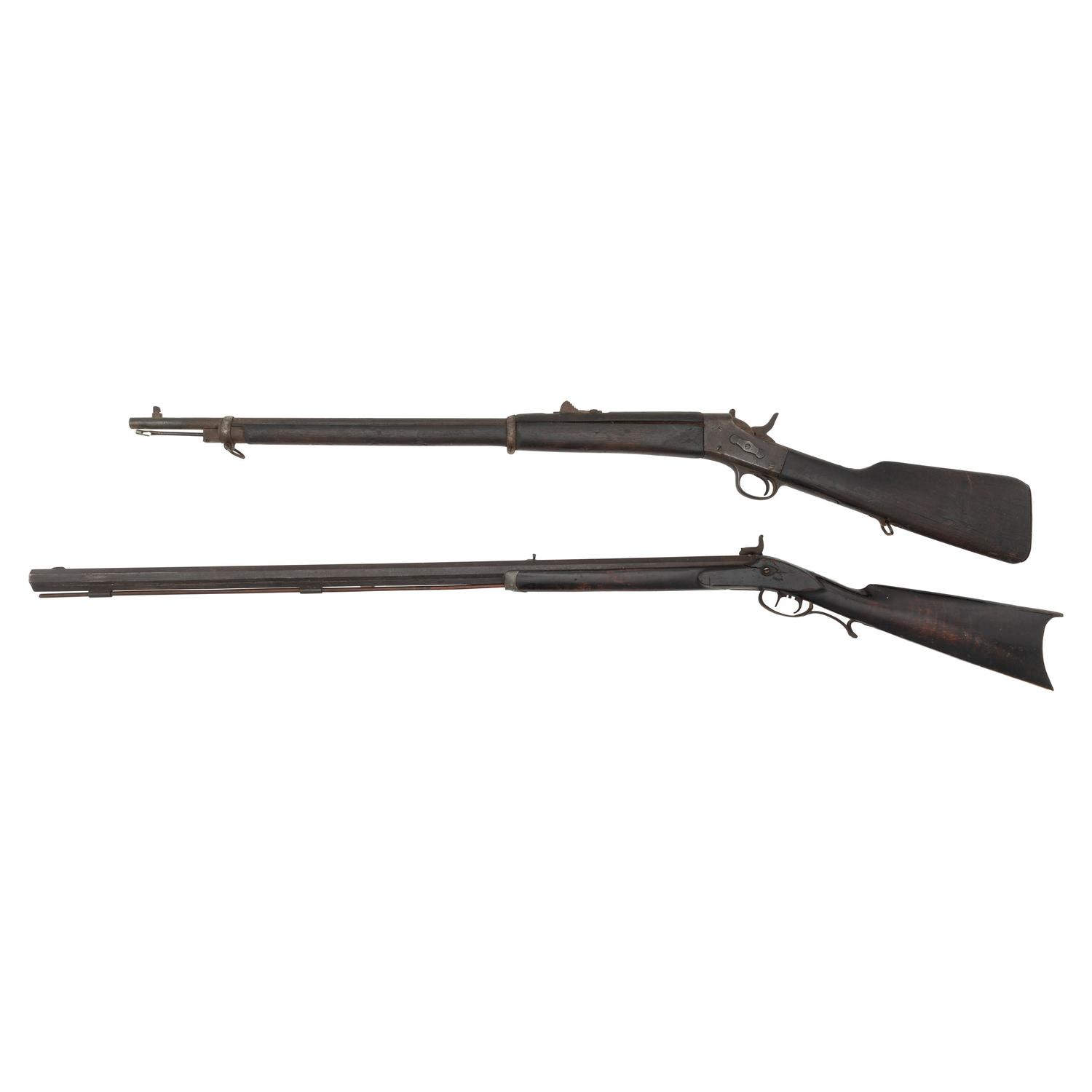 3 Antique Guns: Remington Rolling Block Rifle, Half-Stock Percussion Rifle, Allen & Wheelock Single Shot Pistol
