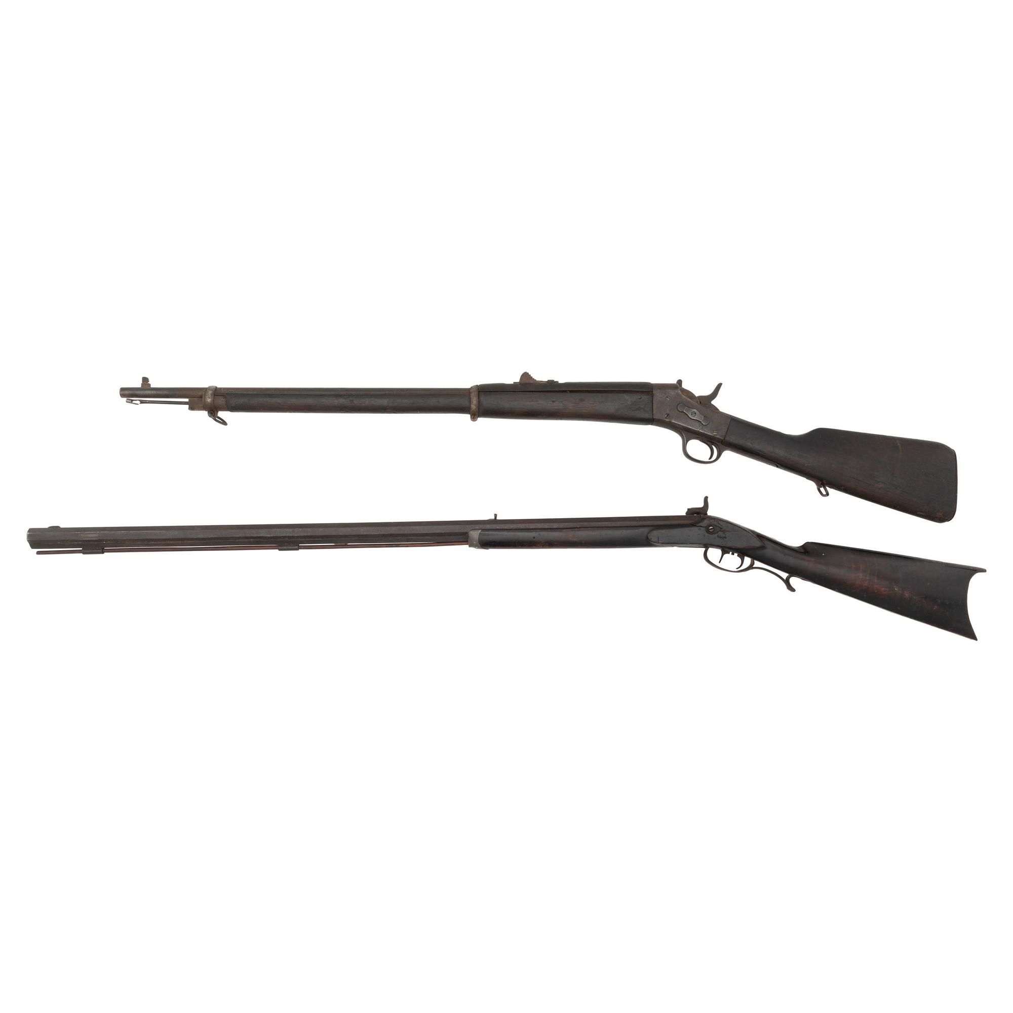 3 Antique Guns: Remington Rolling Block Rifle, Half-Stock Percussion Rifle, Allen & Wheelock Single Shot Pistol