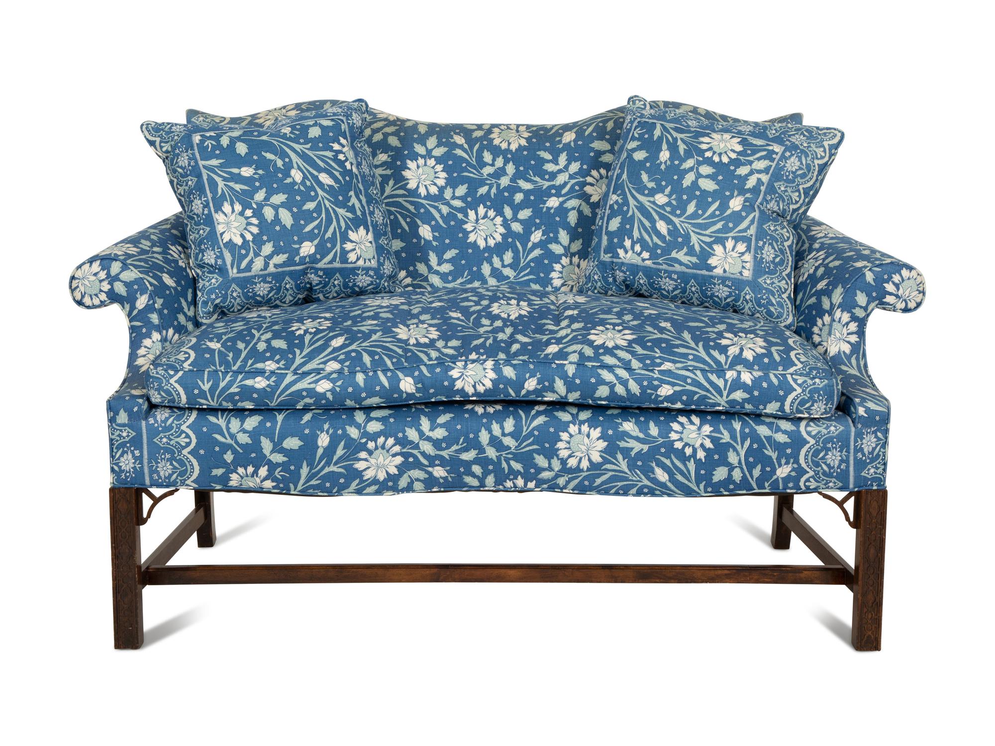 A George III Style Mahogany Settee Upholstered in Blue and White Linen