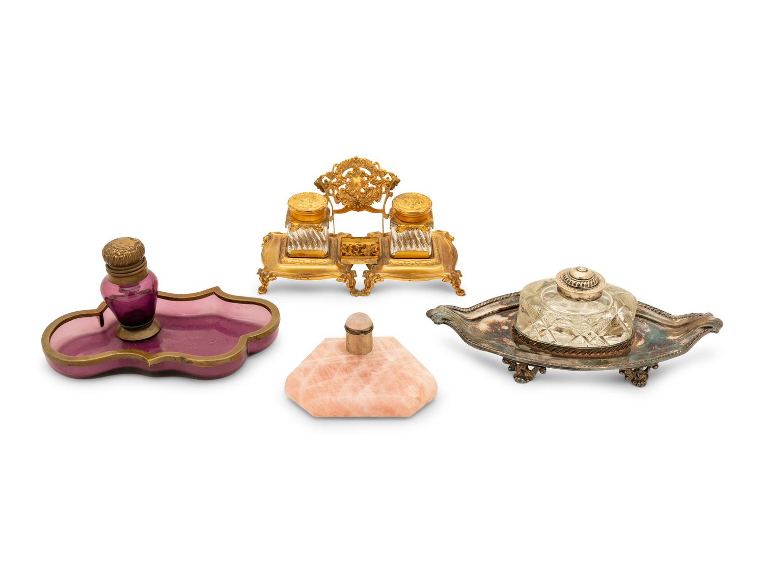 A Group of Silver, Glass and Quartz Inkwells