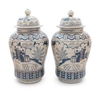 A Pair of Chinese Crackle Ground Underglaze Blue and Iron-Red Covered Vase
