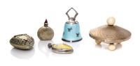 A Collection of Five Silver or Silver-Plate Decorative Articles, 20th Century, comprising a guilloche enameled bell stamped 925/MW, a h