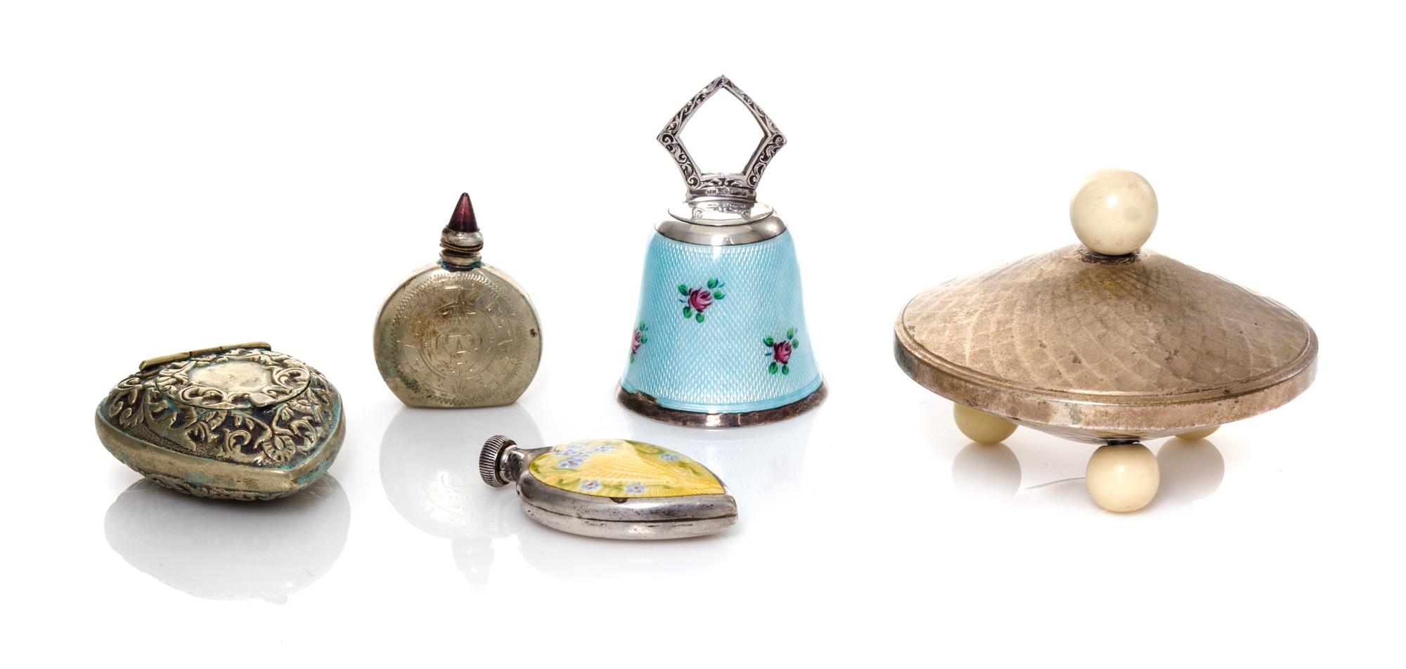 A Collection of Five Silver or Silver-Plate Decorative Articles, 20th Century, comprising a guilloche enameled bell stamped 925/MW, a h