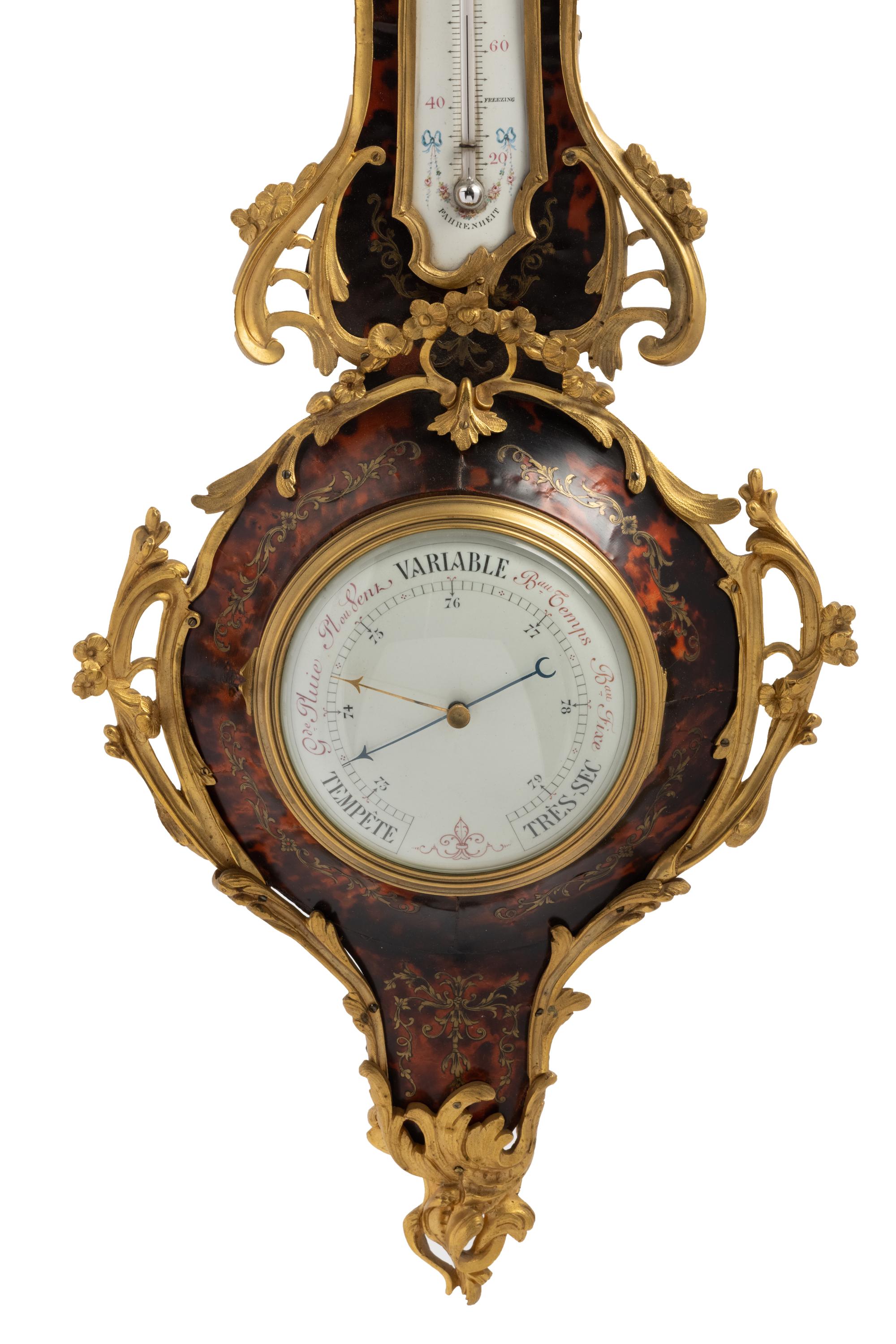 A Louis XV Style Gilt Bronze Mounted Boulle Marquetry Barometer and Thermometer