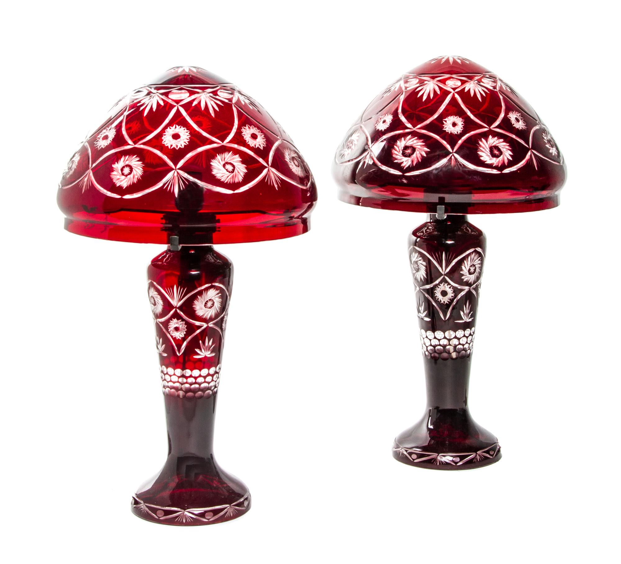 A Pair of Bohemian Red Cut to Clear Glass Table Lamps, Height 23 inches.