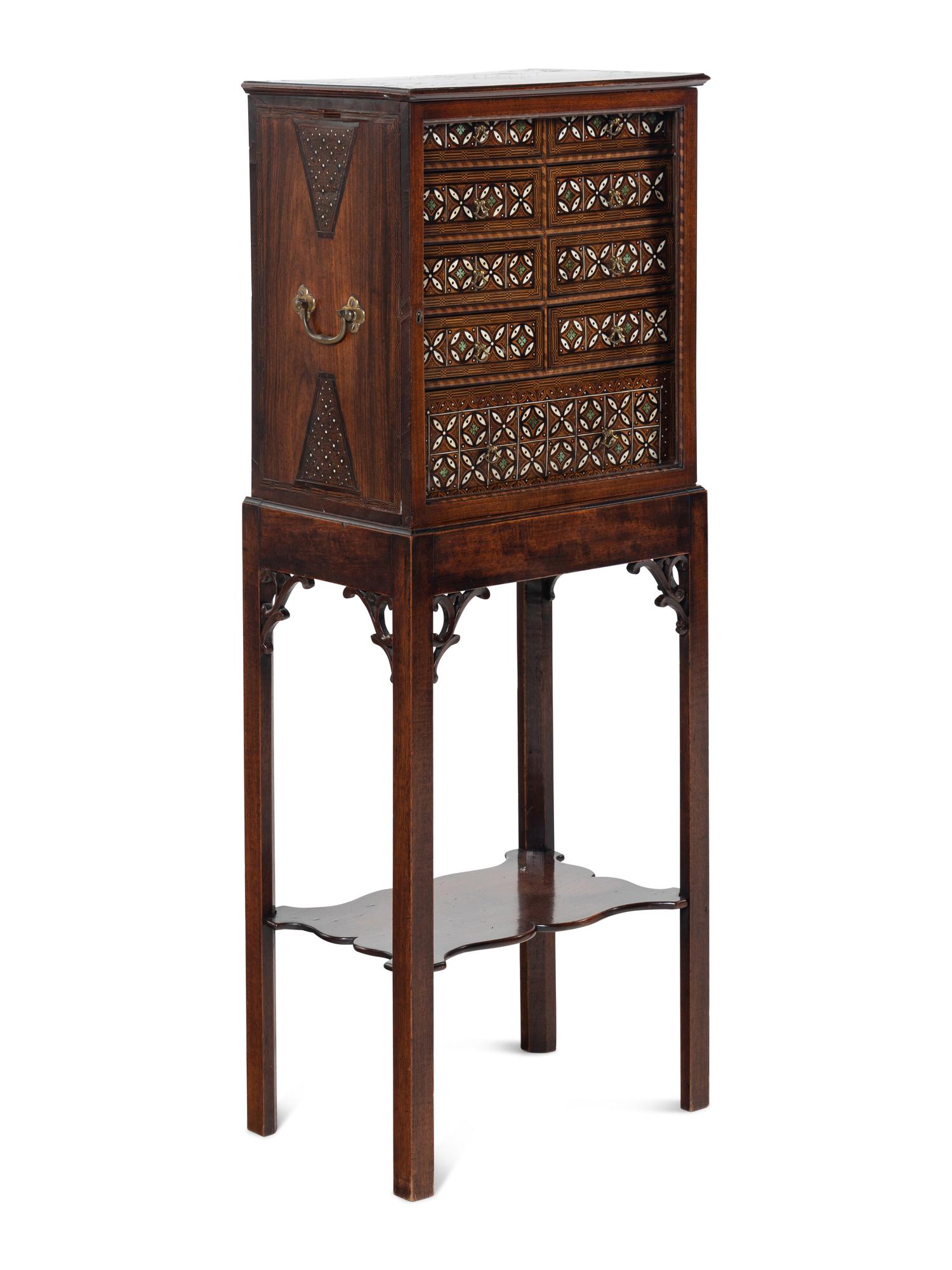 An English Various Woods and Ivory-Inlaid Collector's Case on Stand